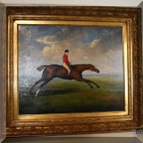 A11. Equestrian hunt painting in a 19th century style. Signed Domingo. Canvas: 20”h x 24”w 